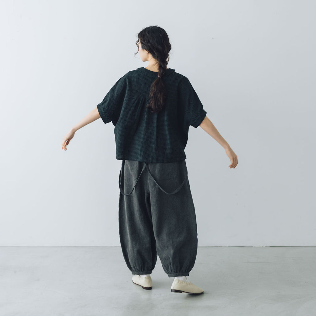 MAGALI リネンコットン ギンガム フラットカラーブラウス