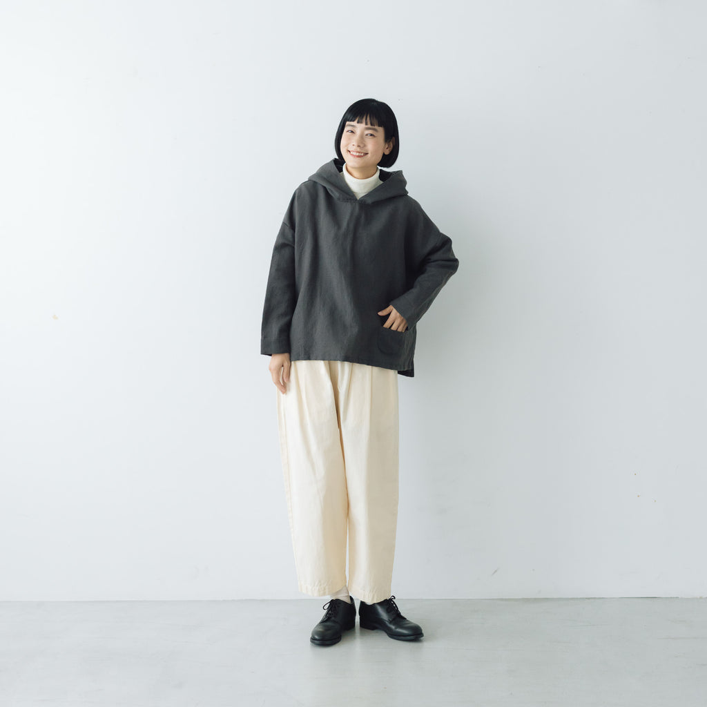 Gauze# 縮絨 ウール イージー フード ブラウス チャコール