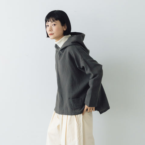 Gauze# 縮絨 ウール イージー フード ブラウス チャコール