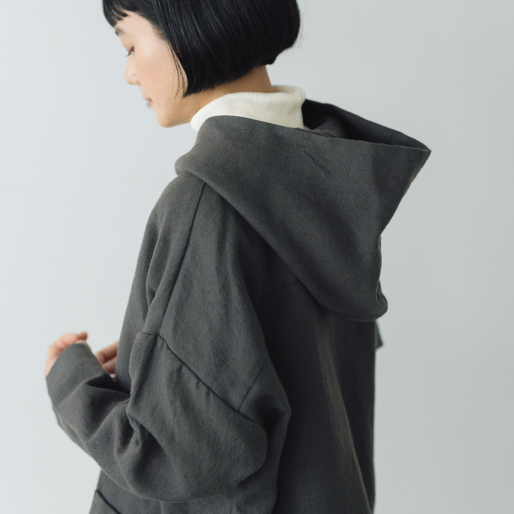 Gauze# 縮絨 ウール イージー フード ブラウス チャコール