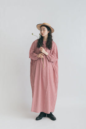 pot and tea チェック柄スモックボリュームワンピース（ロング）［期間限定販売］