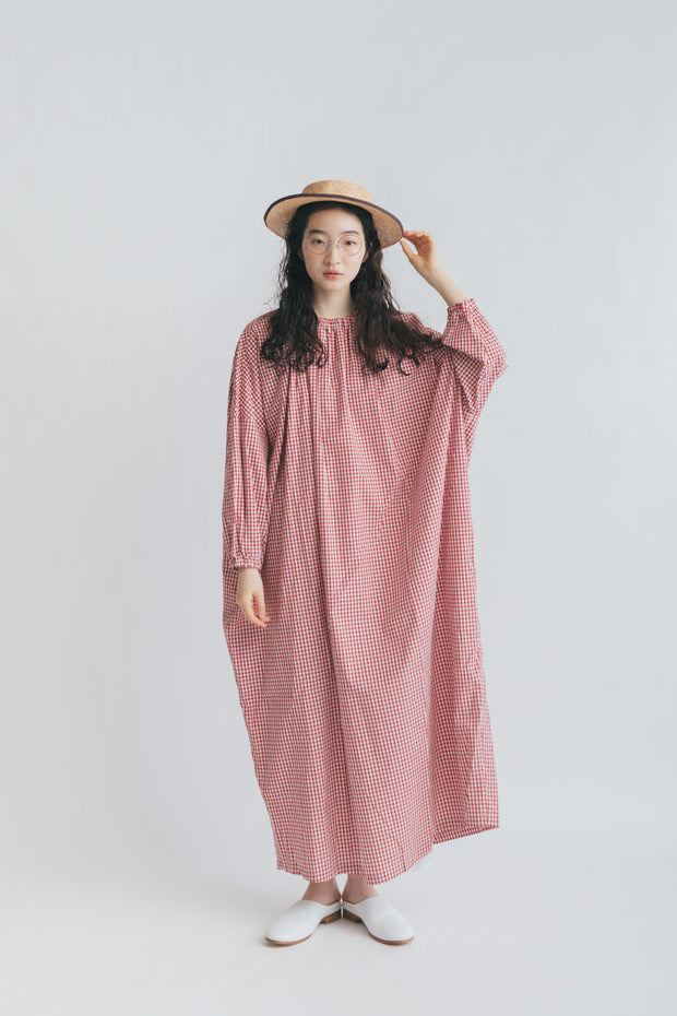 pot and tea チェック柄スモックボリュームワンピース（ロング）［期間限定販売］