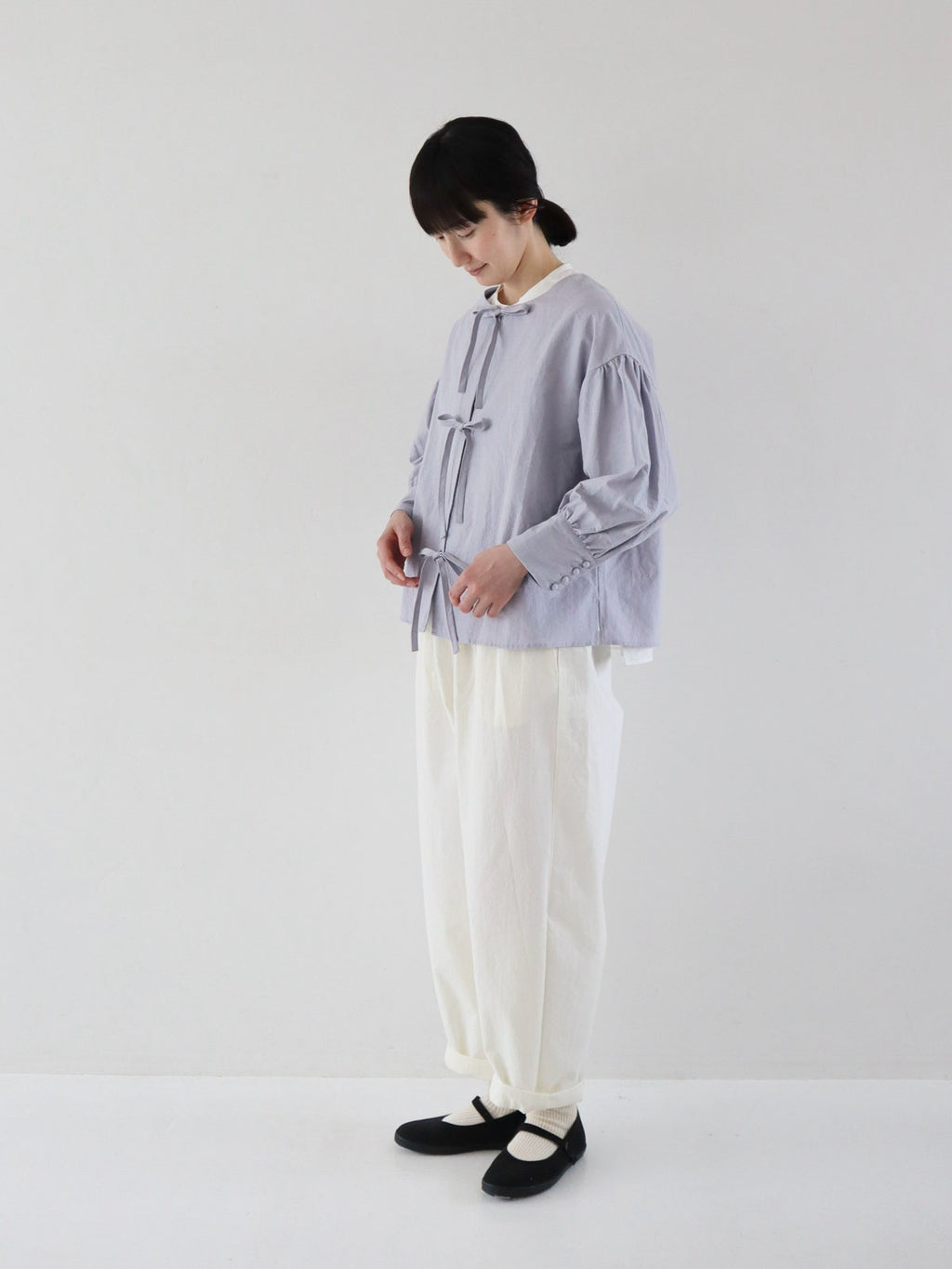 pot and tea 綿リネンタイプライターフロントリボンブラウス［期間限定販売］