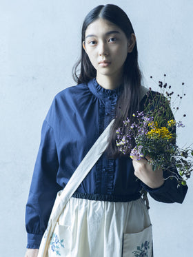 pot and tea ミニフリルブラウス 紺［期間限定販売］
