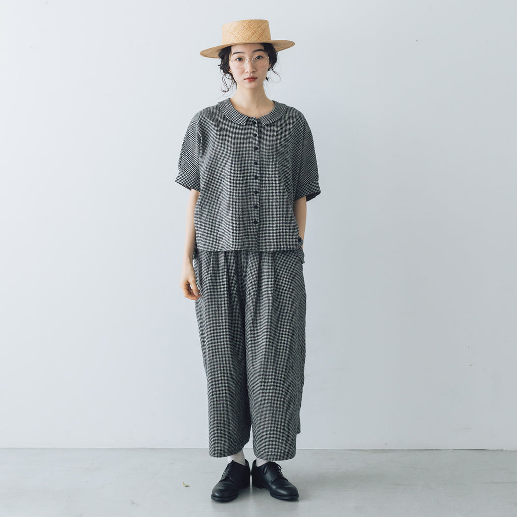 MAGALI リネンコットン ギンガム ワイドパンツ ベージュ
