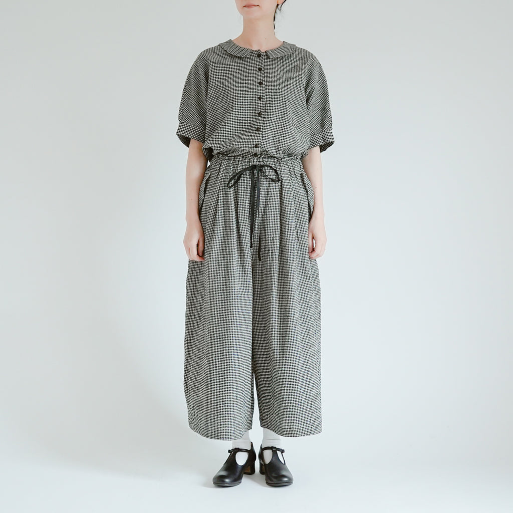 MAGALI リネンコットン ギンガム ワイドパンツ ベージュ