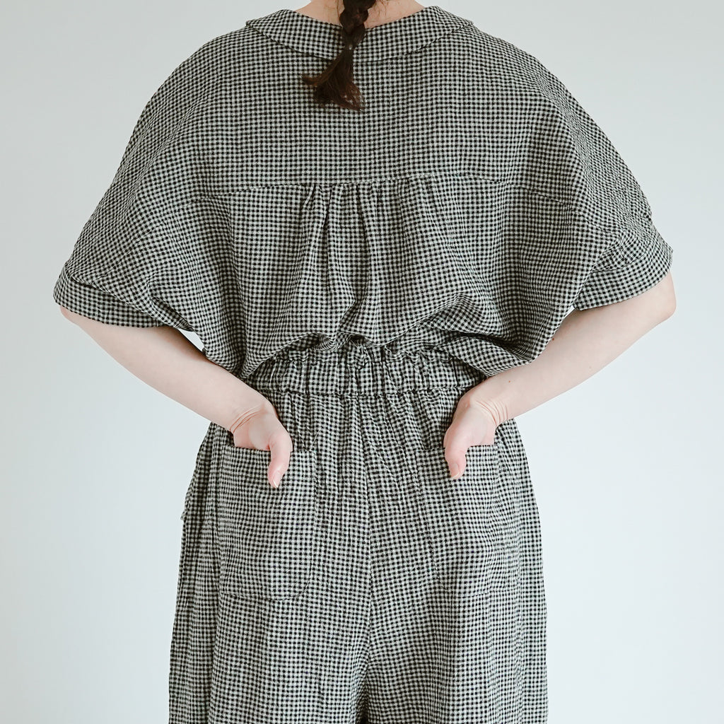 MAGALI リネンコットン ギンガム ワイドパンツ ベージュ