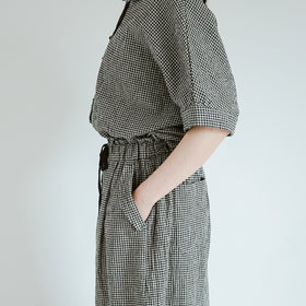 MAGALI リネンコットン ギンガム ワイドパンツ ベージュ