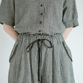 MAGALI リネンコットン ギンガム ワイドパンツ ベージュ