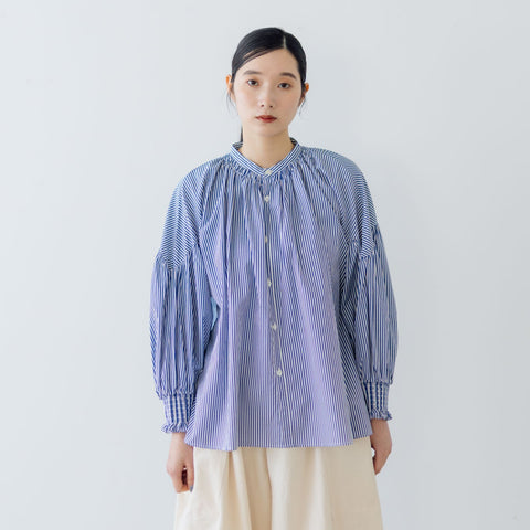 UNIVERSAL TISSU バンドカラーシャーリングブラウス ストライプ