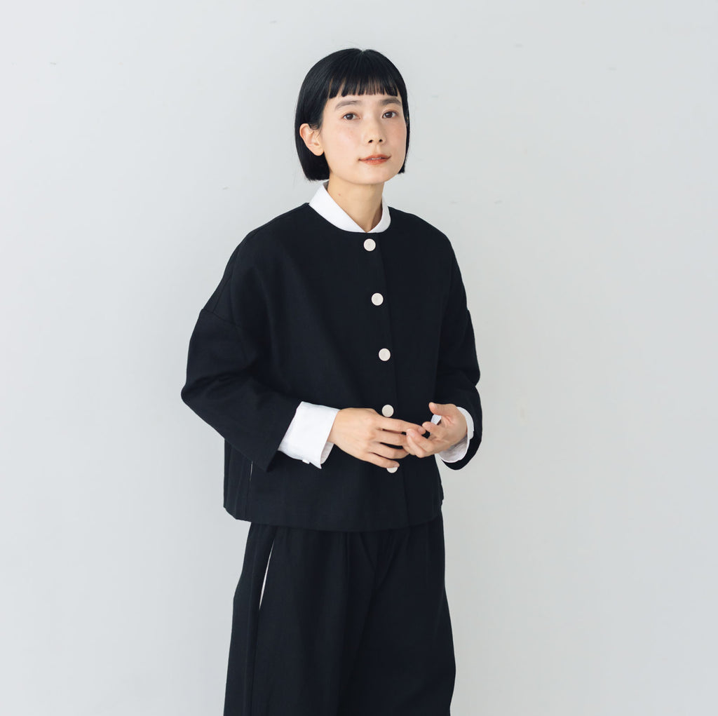 pot and tea 綿麻 ドロップショルダージャケット 黒