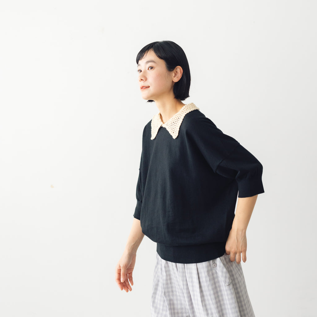atelier naruse ラミーコットンクロシェカラー 半袖ニット