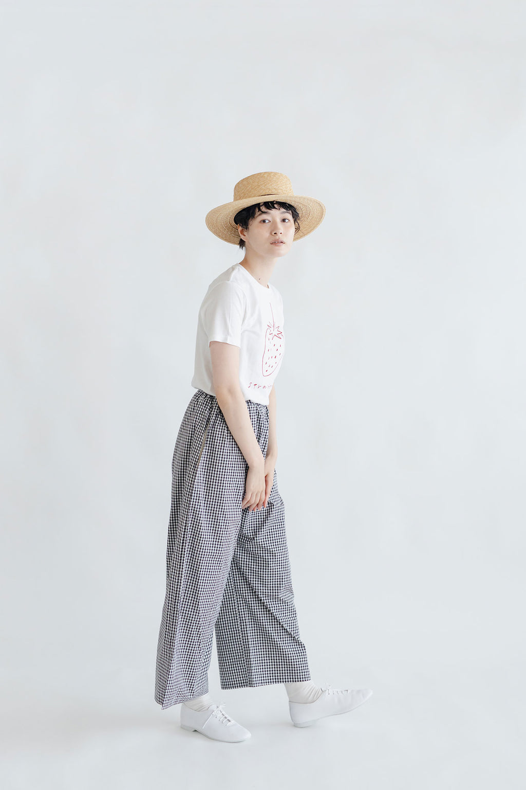 pot and tea チェック柄シンプルワイドパンツ（M）
